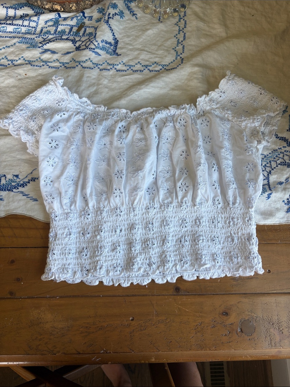 Inspired Hearts White Eyelet Off-Shoulder Smocked Crop Top